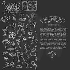 Hand drawn doodle set of Casino icons. Vector illustration set. Cartoon Gambling symbols. Sketchy game elements collection: bet, jackpot, cards, chips, coins, darts, roulette, poker, money, slot.