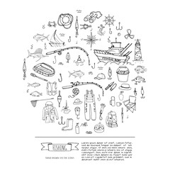 Fototapeta premium Hand drawn doodle Fishing icons set Vector illustration fishing equipment elements collection Cartoon fishing concept Fishing rod Baits Spinning Fishing lure Fish Fishing boat Lighthouse Fishing cloth