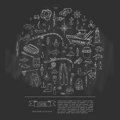 Hand drawn doodle Fishing icons set Vector illustration fishing equipment elements collection Cartoon fishing concept Fishing rod Baits Spinning Fishing lure Fish Fishing boat Lighthouse Fishing cloth