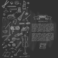 Hand drawn doodle Handmade icons set. Vector illustration. Sewing collection. Cartoon hand made various sketch elements: embroidery, jewelry making, button, needle, scissors, spool, pin, knitting