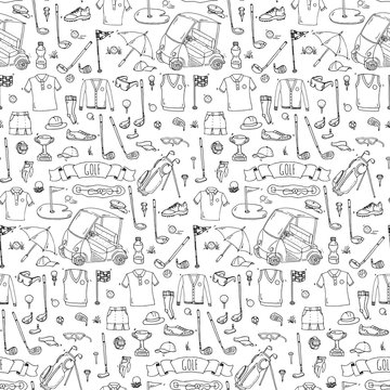 Seamless pattern Hand drawn doodle Golf icons set. Vector illustration collection. Cartoon golfing sketch elements: clubs, tee, bag, cart, sport cloth, shoes, polo shirt, umbrella, flag, hole, grass.