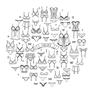 Hand drawn doodle Lingerie icon set. Fashion feminine vector illustration. Sexy lacy woman underwear symbol collection. Cartoon various sketch elements: bra, panties, corset, brassiere, string, bikini