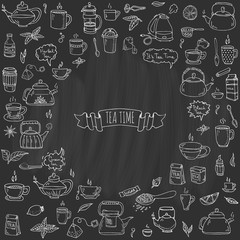 Hand drawn doodle Tea time icon set. Vector illustration. Isolated drink symbols collection. Cartoon various beverage element: mug, cup, teapot, leaf, bag, spice, plate, mint, herbal, sugar, lemon.