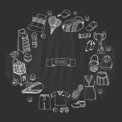 Hand drawn doodle Tennis game set. Vector illustration tennis equipment. Sport symbols Isolated icons collections. Cartoon concept elements: Racket, ball, dress, shoes, court, cup, bag, chair umpire.