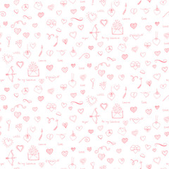 Pattern with Hand drawn doodle Love and Feelings collection Vector illustration Sketchy hearts. Valentin's day pattern, Mothers day, wedding, love and romantic events Hearts hands Cupid Love arrow