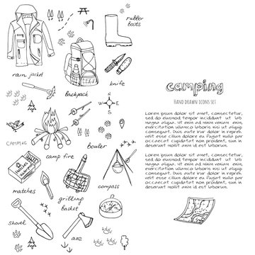 Set of hand drawn camping equipment symbols and icons, hiking, mountain climbing and camping doodle elements, vector illustration, camp clothes, shoes, gear and camp associated things