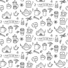 Seamless pattern Hand drawn doodle Tea time icon set. Vector illustration. Drink symbols collection. Cartoon beverage element: mug, cup, teapot, leaf, bag, spice, plate, mint, herbal, sugar, lemon.