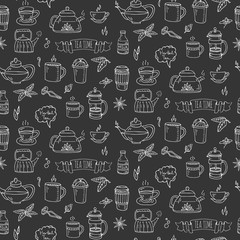 Seamless pattern Hand drawn doodle Tea time icon set. Vector illustration. Drink symbols collection. Cartoon beverage element: mug, cup, teapot, leaf, bag, spice, plate, mint, herbal, sugar, lemon.