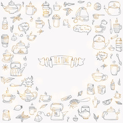 Fototapeta na wymiar Hand drawn doodle Tea time icon set. Vector illustration. Isolated drink symbols collection. Cartoon various beverage element: mug, cup, teapot, leaf, bag, spice, plate, mint, herbal, sugar, lemon.