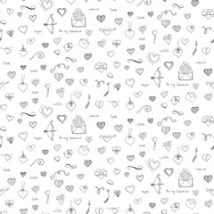 Fototapeta premium Pattern with Hand drawn doodle Love and Feelings collection Vector illustration Sketchy hearts. Valentin's day pattern, Mothers day, wedding, love and romantic events Hearts hands Cupid Love arrow