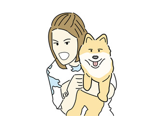 hand draw woman hug pomeranian dog with white background, cartoon style