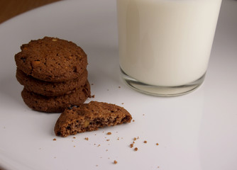 Heaped Cookies with Glass of Milk on White Dish