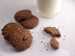 Heaped Cookies with Glass of Milk on White Dish