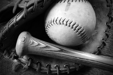 Old Used Baseball, Baseball Glove, and Baseball Bat.