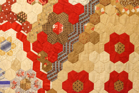 Vintage fabric texture of colorful pattern of hexagonal patches