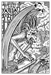 Gargoyle, gothic monster. Engraved fantasy illustration