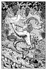 Pan, Satyr or Faunus with wine and flute. Engraved fantasy illustration