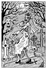 Zombie Bride on cemetery. Engraved fantasy illustration
