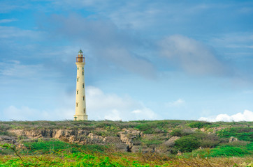 Fototapeta na wymiar The white old California Lighthouse in Aruba