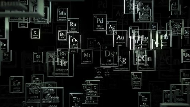 Loopable camera passing through flying metal chemical elements. Periodical table of elements. Mendeleev`s table fragment