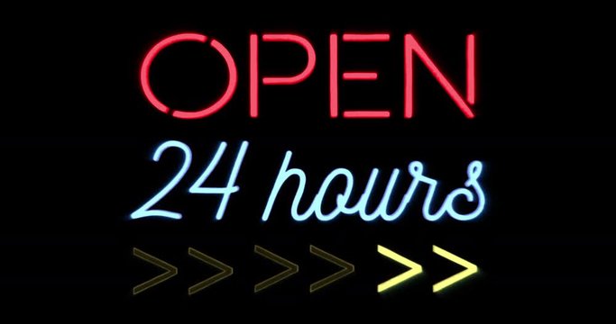flickering blinking red and blue neon sign on black background, open shop bar 24 hours sign concept