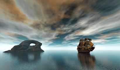 3d rendering of sailing ship in the vast ocean with small waves and a rock island - obrazy, fototapety, plakaty