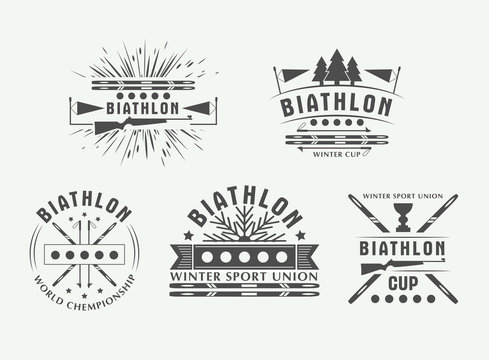 Biathlon logo Set. Vector Illustration. Winter sport Isolated badges collection