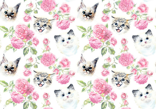 Seamless pattern with cats and roses. Watercolor hand drawn illustration