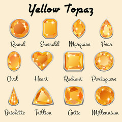 Set of different types of cuts of precious stone Topaz in realistic shapes in yellow color with silver edging. Vector illustration © Danee