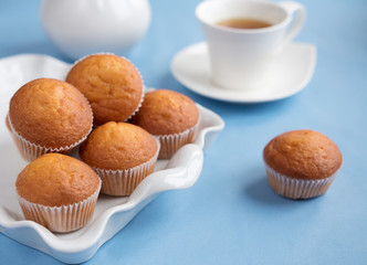 Pastries and coffee on a tray on a blue background