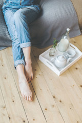 young girl in denim clothes in the morning