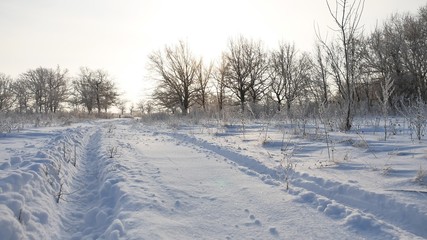 Fototapeta na wymiar road trail in the snow winter landscape beautiful golf snowing sun glare nature sunlight