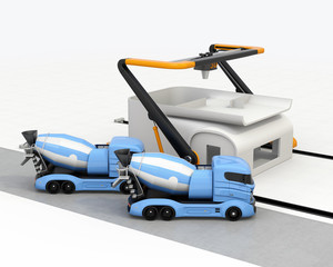 Concrete mixer trucks in the side of industrial 3D printer which printing house. 3D rendering image.