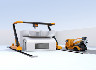 Fototapeta premium Concrete mixer trucks in the side of industrial 3D printer which printing house. 3D rendering image.