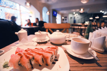 cup of tea or coffee in a cafe serving breakfast table