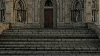 view of the entrance to the mysterious castle with stairs and statues. Night
