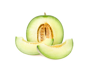 Green cantaloupe melon slices on white background