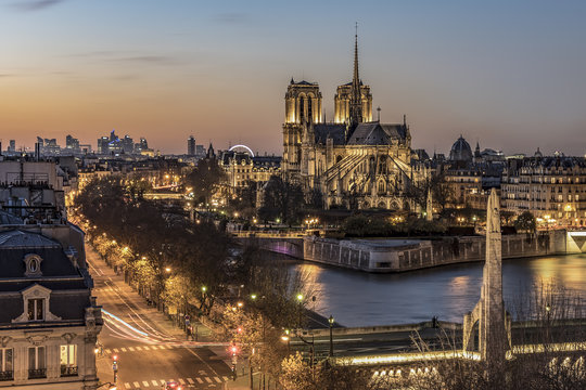 Bird view of the cathedrol Notre de Paris sunset in Paris, France