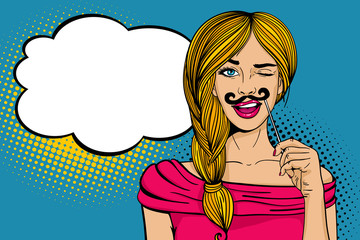 Pop art face. Young sexy blonde woman holding carnival mustache mask in her hand smiling and winking and empty speech bubble. Vector illustration in retro comic style. Holiday party invitation poster.