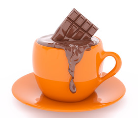 Cup of melting bar of chocolate 3d rendering