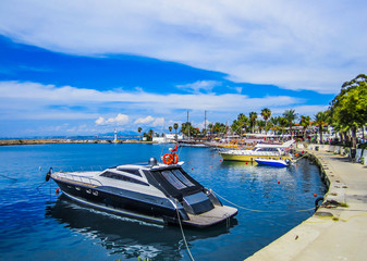 Fototapeta na wymiar Yacht in harbour of resort city Side. Turkey
