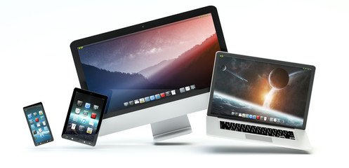 Modern computer laptop mobile phone and tablet floating 3D rende
