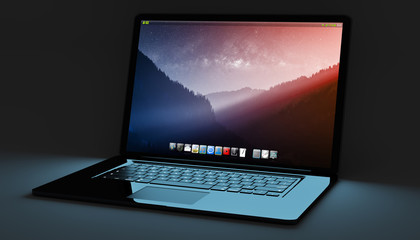 Modern black laptop on black background 3D rendering - obrazy, fototapety, plakaty