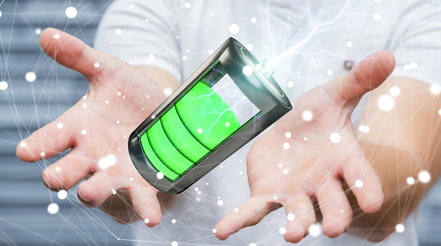 Man holding 3D render battery with lightning in his hand