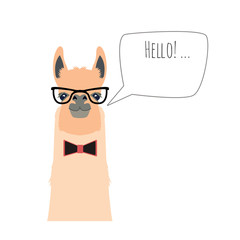 Vector hipster flat lama wearing bowtie and glasses saying hello © belokrylowa