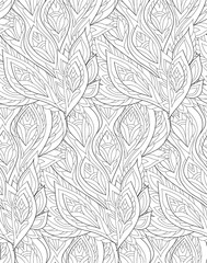 Abstract seamless background pattern with fantasy feathers.Black and white vector illustration hand drawn. Line art. Coloring page.