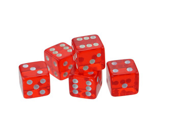 Five red dice on a white background