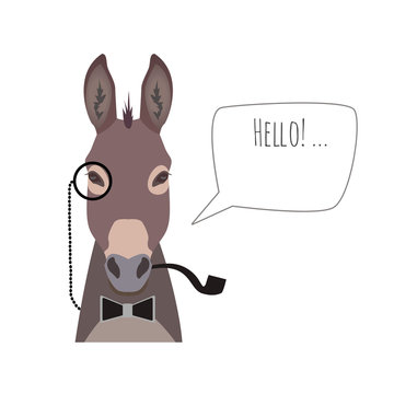 Vector hipster donkey wearing bowtie, monocle and pipe saying hello