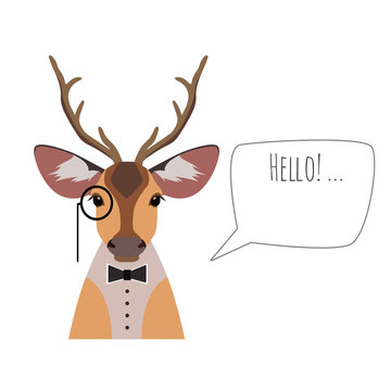 Vector hipster horned deer in suit, bowtie monocle saying hello