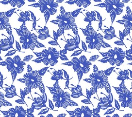 Floral seamless pattern with flowers. Line art. Vector illustration hand drawn. Embroidery flowers.